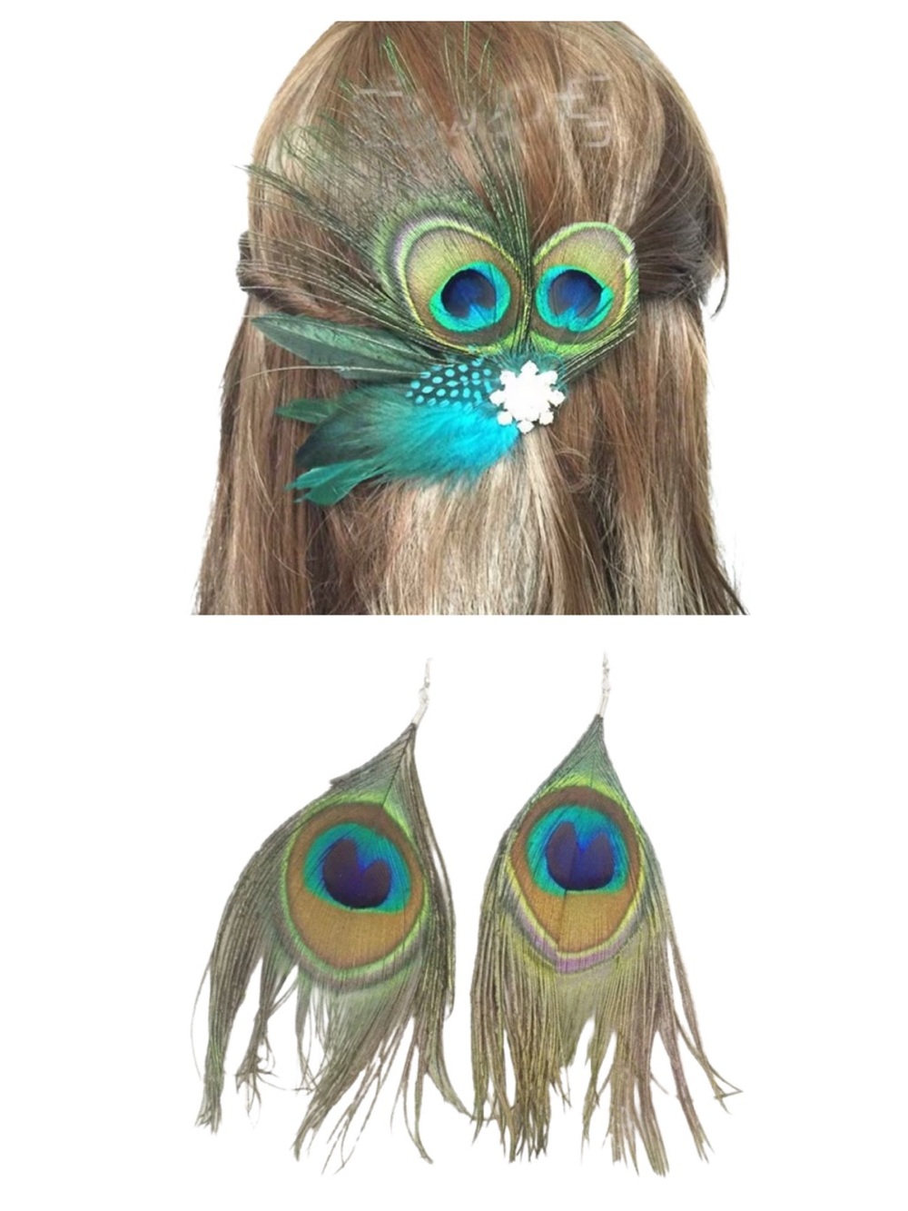 Peacock Feather Fascinator Hair Clip and Earrings Bundle Iridescent Boho NWOT